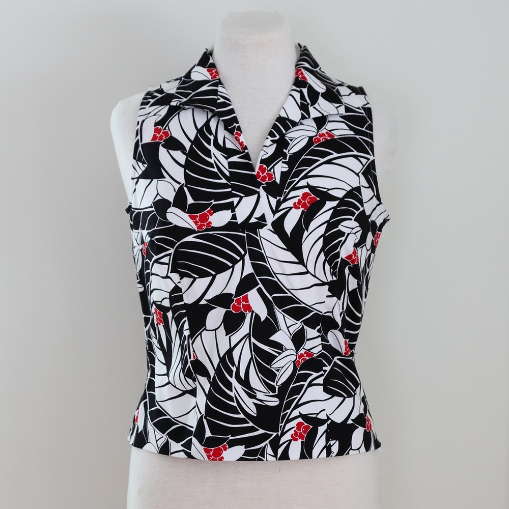 Maggy London Stretch Vintage Sleeveless Collared Blouse Black White Red Size 8
